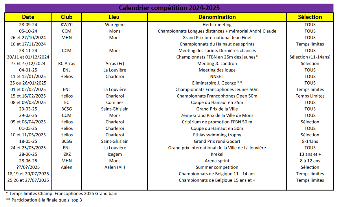 Calendrier COMPETITION 2024-2025